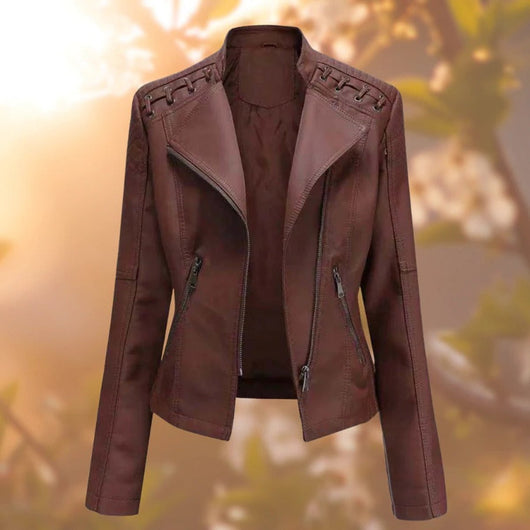 Elisabeth | Dames bikerjack van imitatieleer met rits en schouderdetail