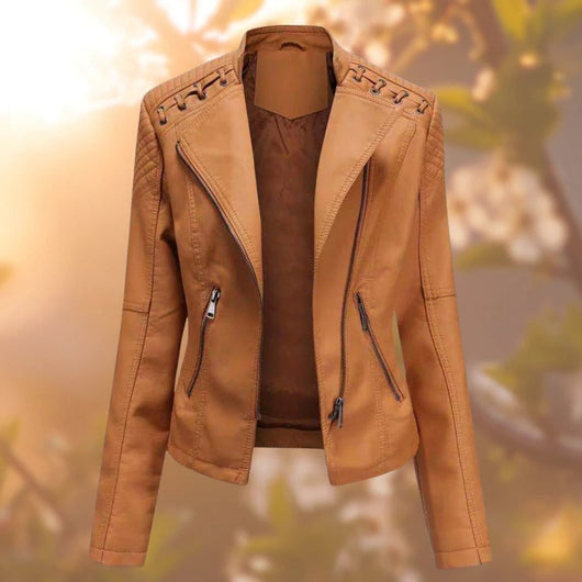 Elisabeth | Dames bikerjack van imitatieleer met rits en schouderdetail