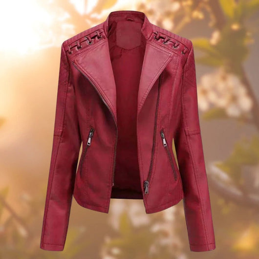 Elisabeth | Dames bikerjack van imitatieleer met rits en schouderdetail