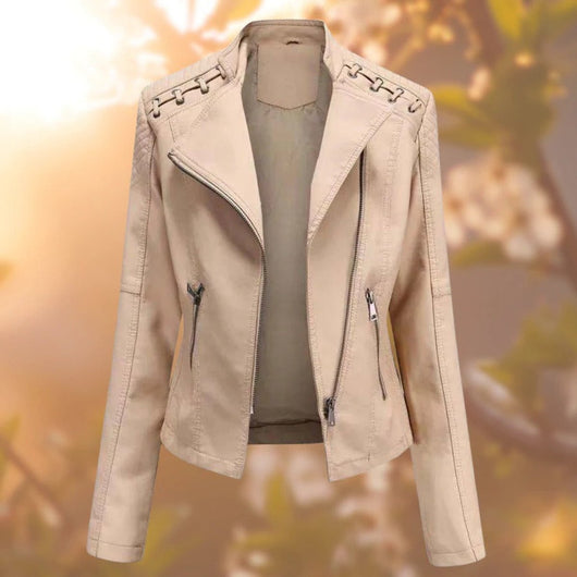Elisabeth | Dames bikerjack van imitatieleer met rits en schouderdetail