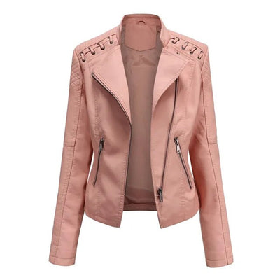 Elisabeth | Dames bikerjack van imitatieleer met rits en schouderdetail