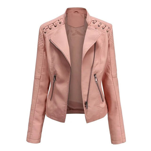 Elisabeth | Dames bikerjack van imitatieleer met rits en schouderdetail