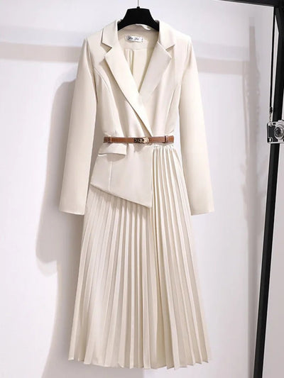 Emilia | Dames midi-jurk in blazerstijl met plisserok en riem
