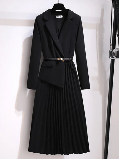Emilia | Dames midi-jurk in blazerstijl met plisserok en riem