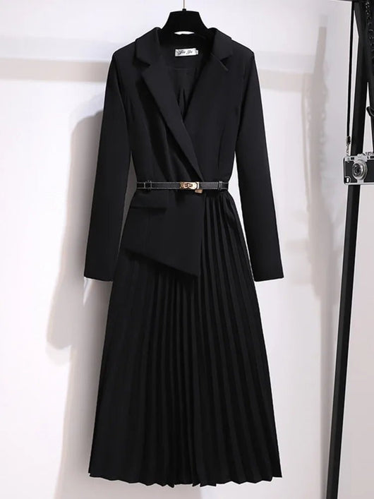 Emilia | Dames midi-jurk in blazerstijl met plisserok en riem