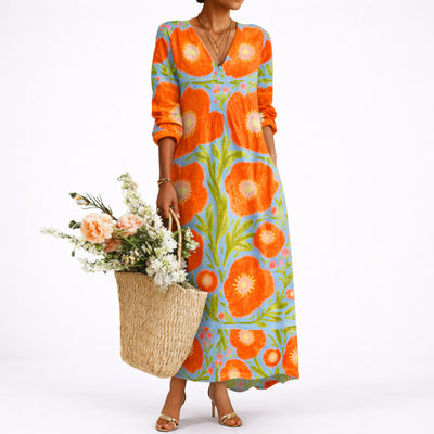 Lena | Elegante dames maxijurk met bloemendessin, V-hals en lange mouwen