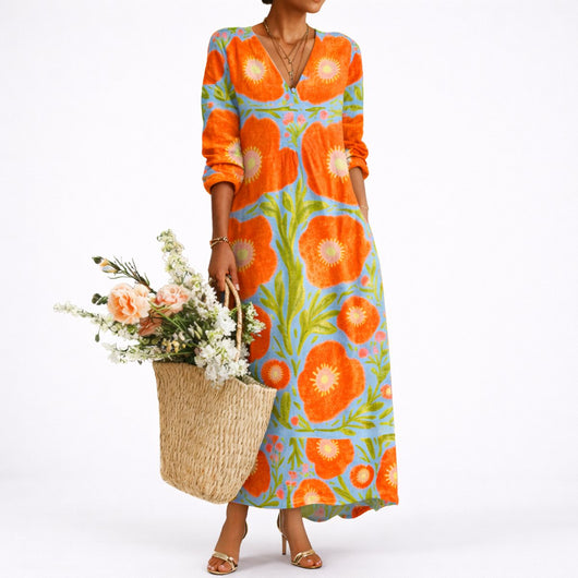 Lena | Elegante dames maxijurk met bloemendessin, V-hals en lange mouwen