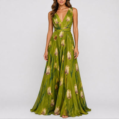 Annika | Dames maxijurk van chiffon met bloemendessin en diepe V-hals