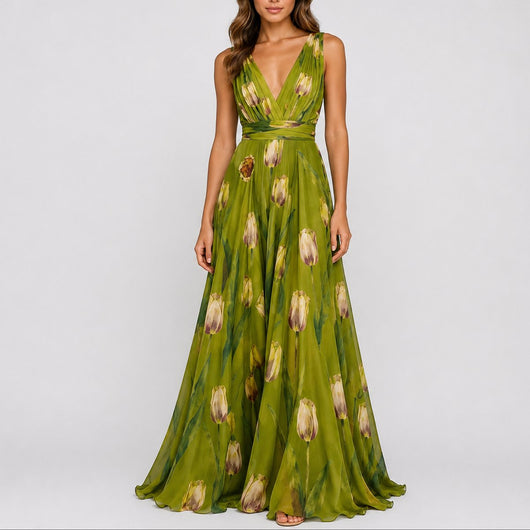 Annika | Dames maxijurk van chiffon met bloemendessin en diepe V-hals