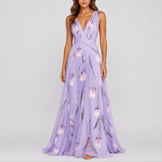 Annika | Dames maxijurk van chiffon met bloemendessin en diepe V-hals
