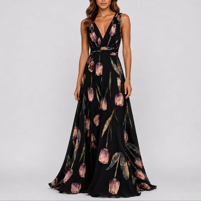 Annika | Dames maxijurk van chiffon met bloemendessin en diepe V-hals