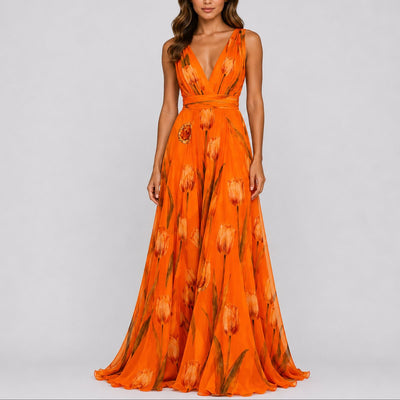 Annika | Dames maxijurk van chiffon met bloemendessin en diepe V-hals