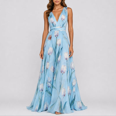 Annika | Dames maxijurk van chiffon met bloemendessin en diepe V-hals
