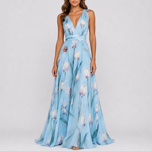 Annika | Dames maxijurk van chiffon met bloemendessin en diepe V-hals