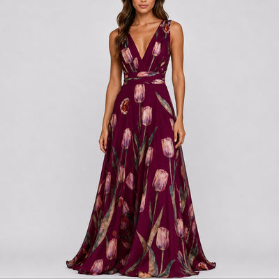 Annika | Dames maxijurk van chiffon met bloemendessin en diepe V-hals