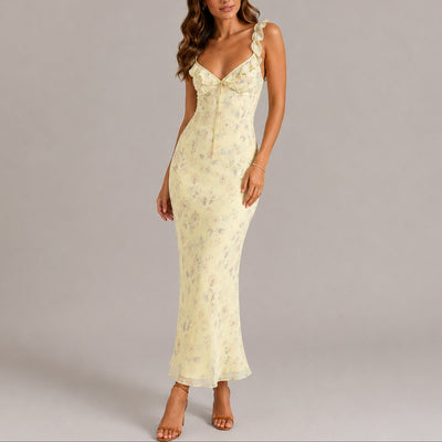 Greta | Elegante dames maxijurk met bloemendessin en ruchebandjes