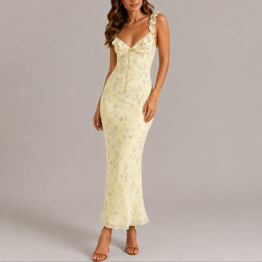 Greta | Elegante dames maxijurk met bloemendessin en ruchebandjes