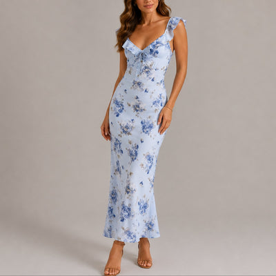 Greta | Elegante dames maxijurk met bloemendessin en ruchebandjes