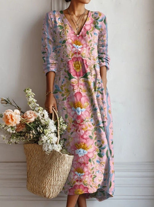 Annika | Dames midi-jurk met bloemenprint, V-hals en driekwartmouwen