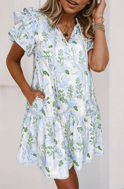Hannah | Dames mini zomerjurk met bloemenprint, pofmouwen en V-hals