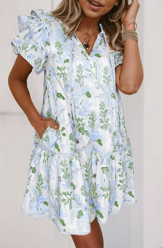 Hannah | Dames mini zomerjurk met bloemenprint, pofmouwen en V-hals