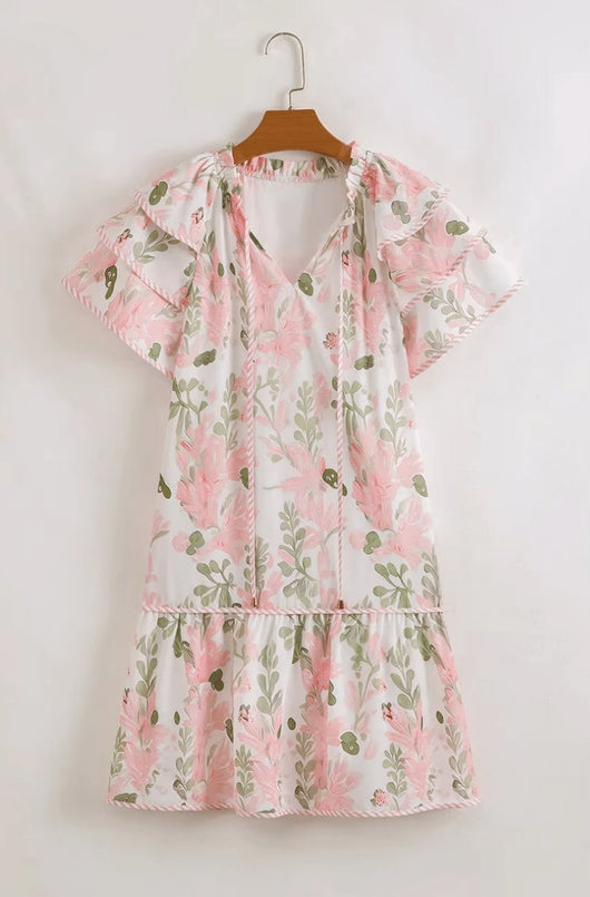 Hannah | Dames mini zomerjurk met bloemenprint, pofmouwen en V-hals