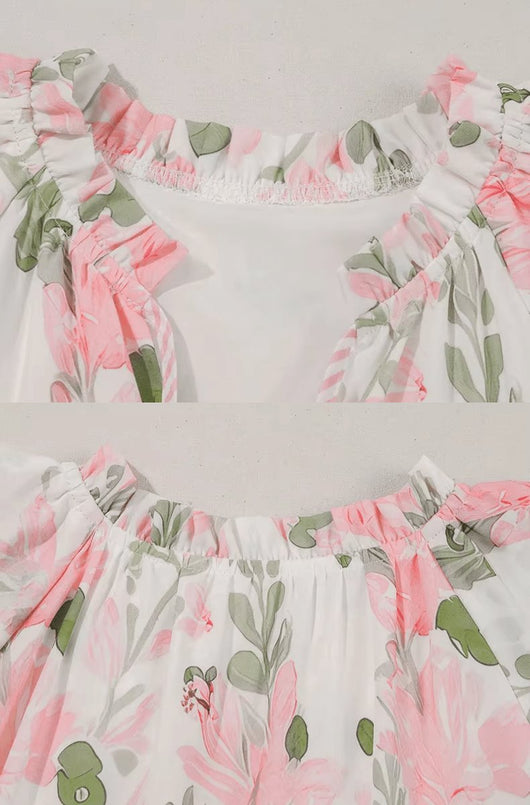 Hannah | Dames mini zomerjurk met bloemenprint, pofmouwen en V-hals