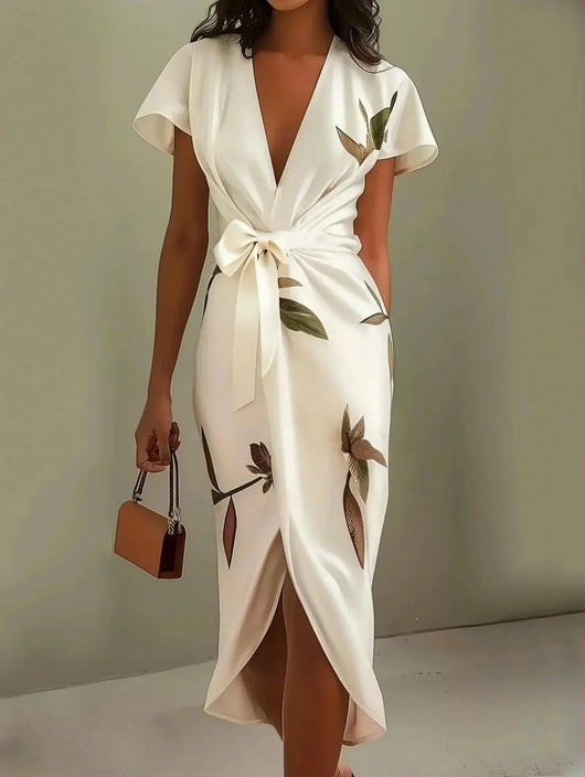 Amelie | Dames wikkel midi-jurk met bloemenmotief en V-hals