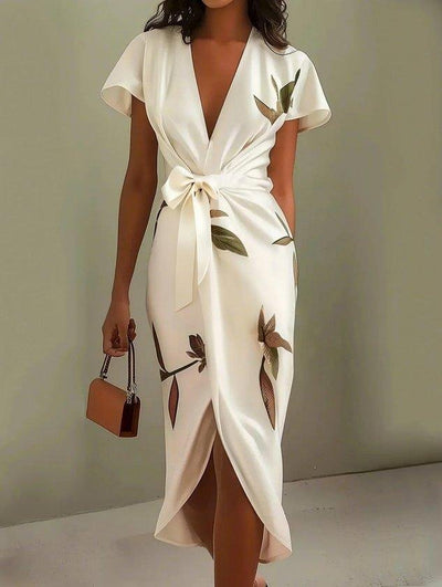 Amelie | Dames wikkel midi-jurk met bloemenmotief en V-hals