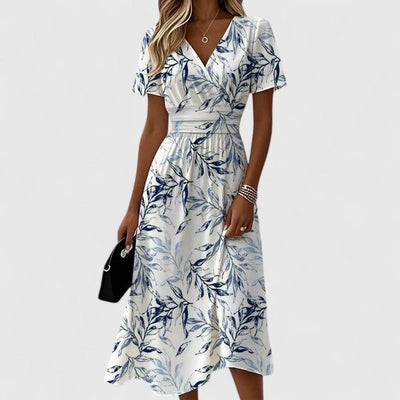 Mia | Dames wikkel midi-jurk met bloemenprint, V-hals en korte mouwen