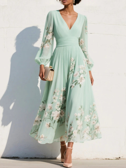 Elisabeth | Dames chiffon midi-jurk met bloemenmotief, V-hals en ballonmouwen