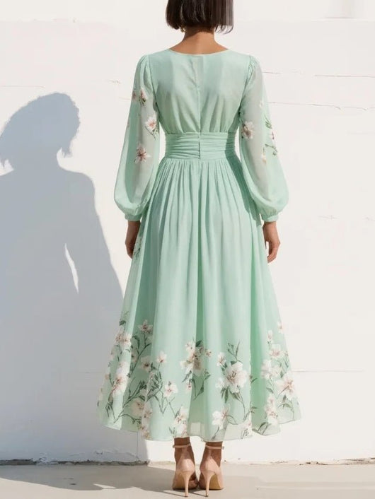 Elisabeth | Dames chiffon midi-jurk met bloemenmotief, V-hals en ballonmouwen