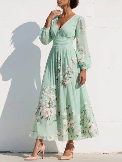 Elisabeth | Dames chiffon midi-jurk met bloemenmotief, V-hals en ballonmouwen
