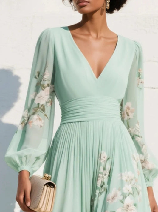 Elisabeth | Dames chiffon midi-jurk met bloemenmotief, V-hals en ballonmouwen