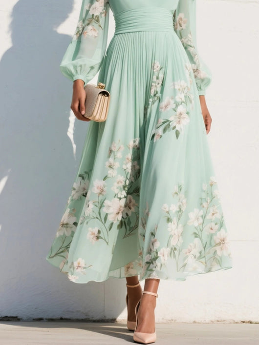 Elisabeth | Dames chiffon midi-jurk met bloemenmotief, V-hals en ballonmouwen