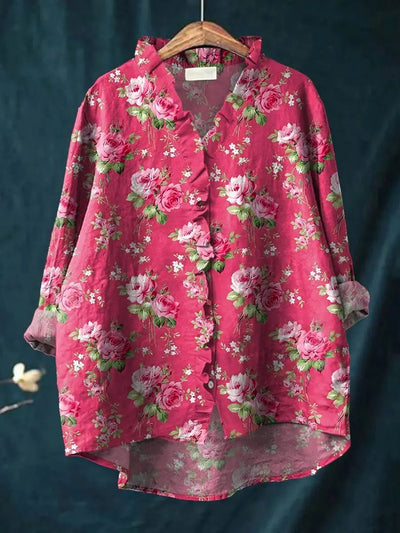 Elisabeth | Losse dames blouse van linnen-katoen met ruches en bloemendessin