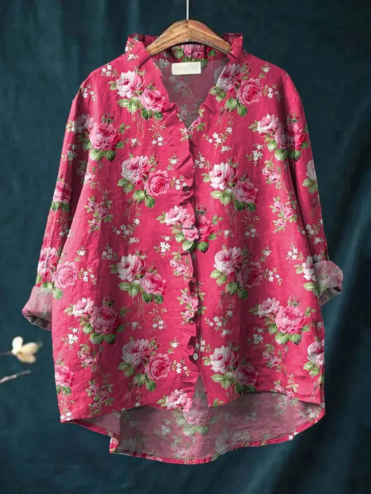 Elisabeth | Losse dames blouse van linnen-katoen met ruches en bloemendessin