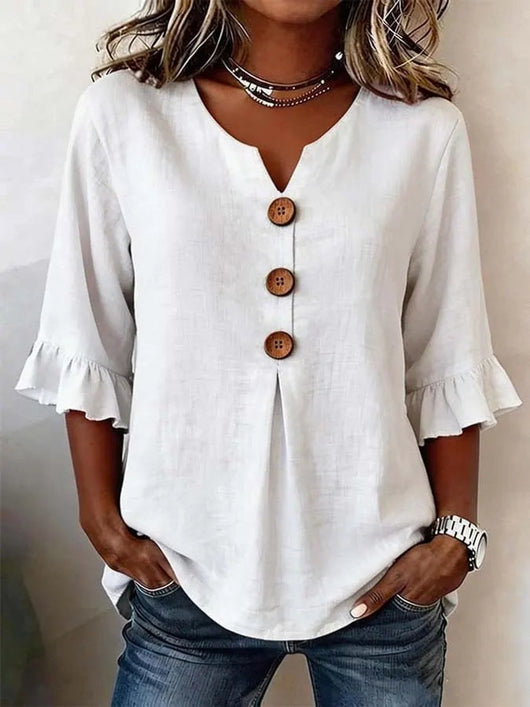 Katharina | Dames blouse met ruchemouwen, houten knopen en v-hals