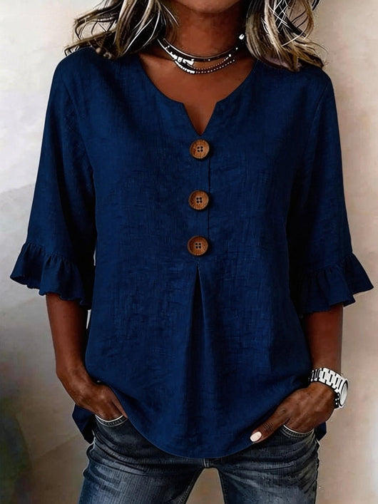 Katharina | Dames blouse met ruchemouwen, houten knopen en v-hals