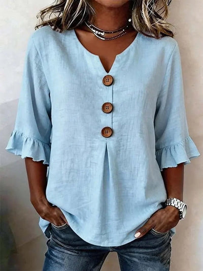 Katharina | Dames blouse met ruchemouwen, houten knopen en v-hals
