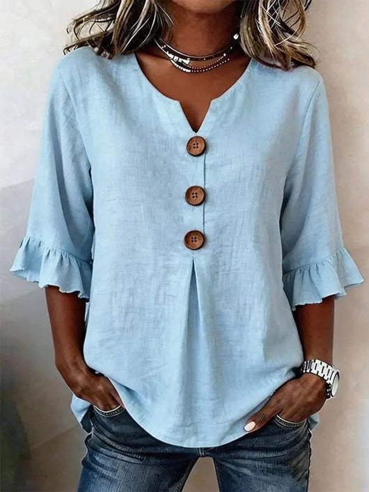 Katharina | Dames blouse met ruchemouwen, houten knopen en v-hals