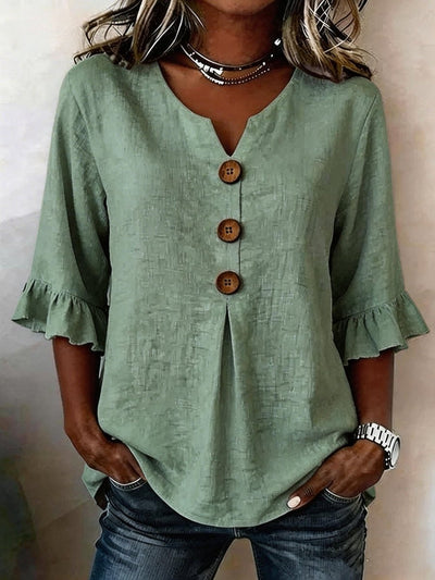 Katharina | Dames blouse met ruchemouwen, houten knopen en v-hals