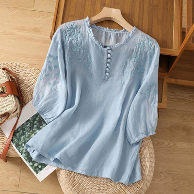 Elisabeth | Dames bohoblouse met bloemborduursel, ruchekraag en pofmouwen
