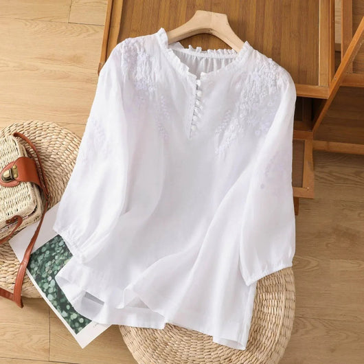 Elisabeth | Dames bohoblouse met bloemborduursel, ruchekraag en pofmouwen