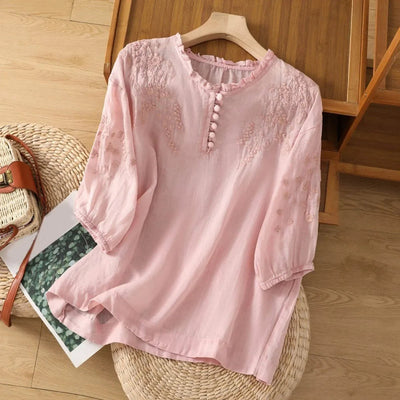 Elisabeth | Dames bohoblouse met bloemborduursel, ruchekraag en pofmouwen
