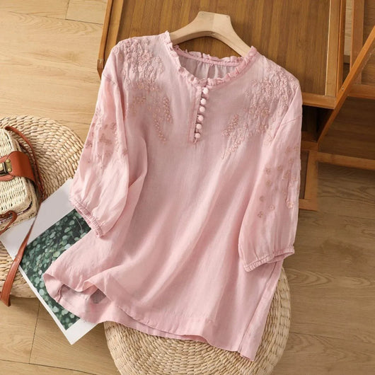 Elisabeth | Dames bohoblouse met bloemborduursel, ruchekraag en pofmouwen