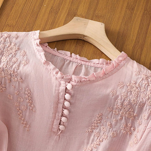 Elisabeth | Dames bohoblouse met bloemborduursel, ruchekraag en pofmouwen