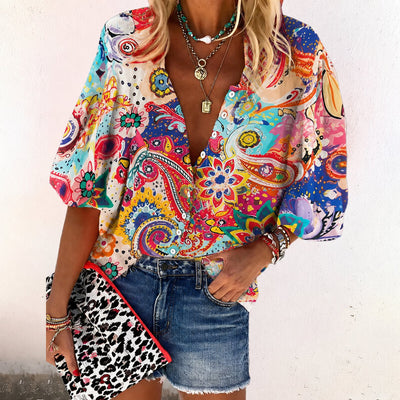 Elisabeth | Dames boho blouse met V-hals, lange mouwen en knoopsluiting