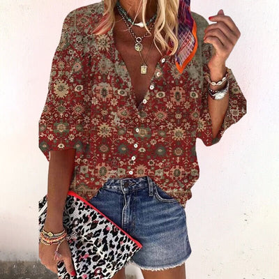 Elisabeth | Dames boho blouse met V-hals, lange mouwen en knoopsluiting