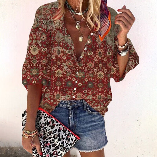 Elisabeth | Dames boho blouse met V-hals, lange mouwen en knoopsluiting